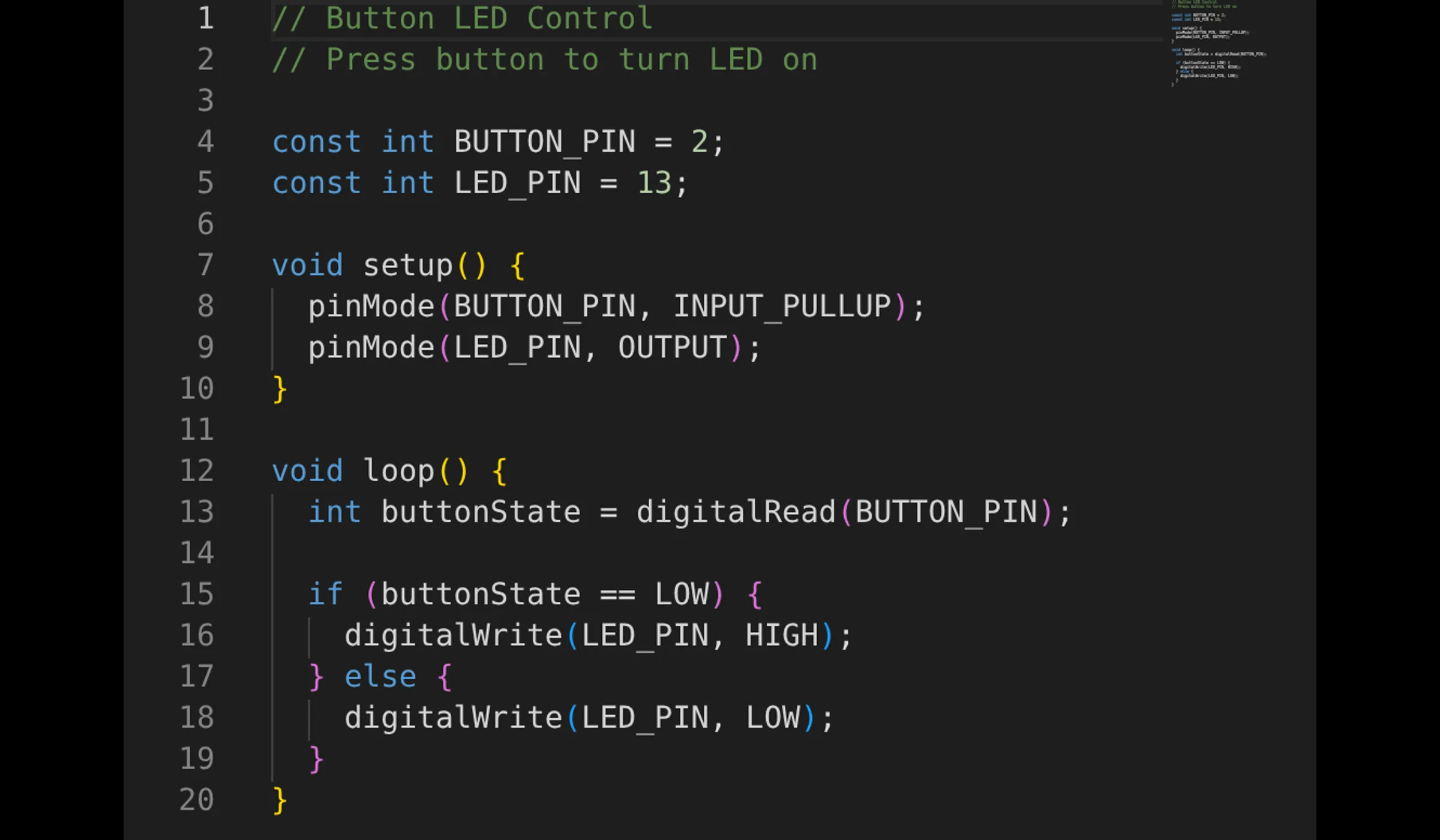 Source code for button-led in the Velxio Monaco editor