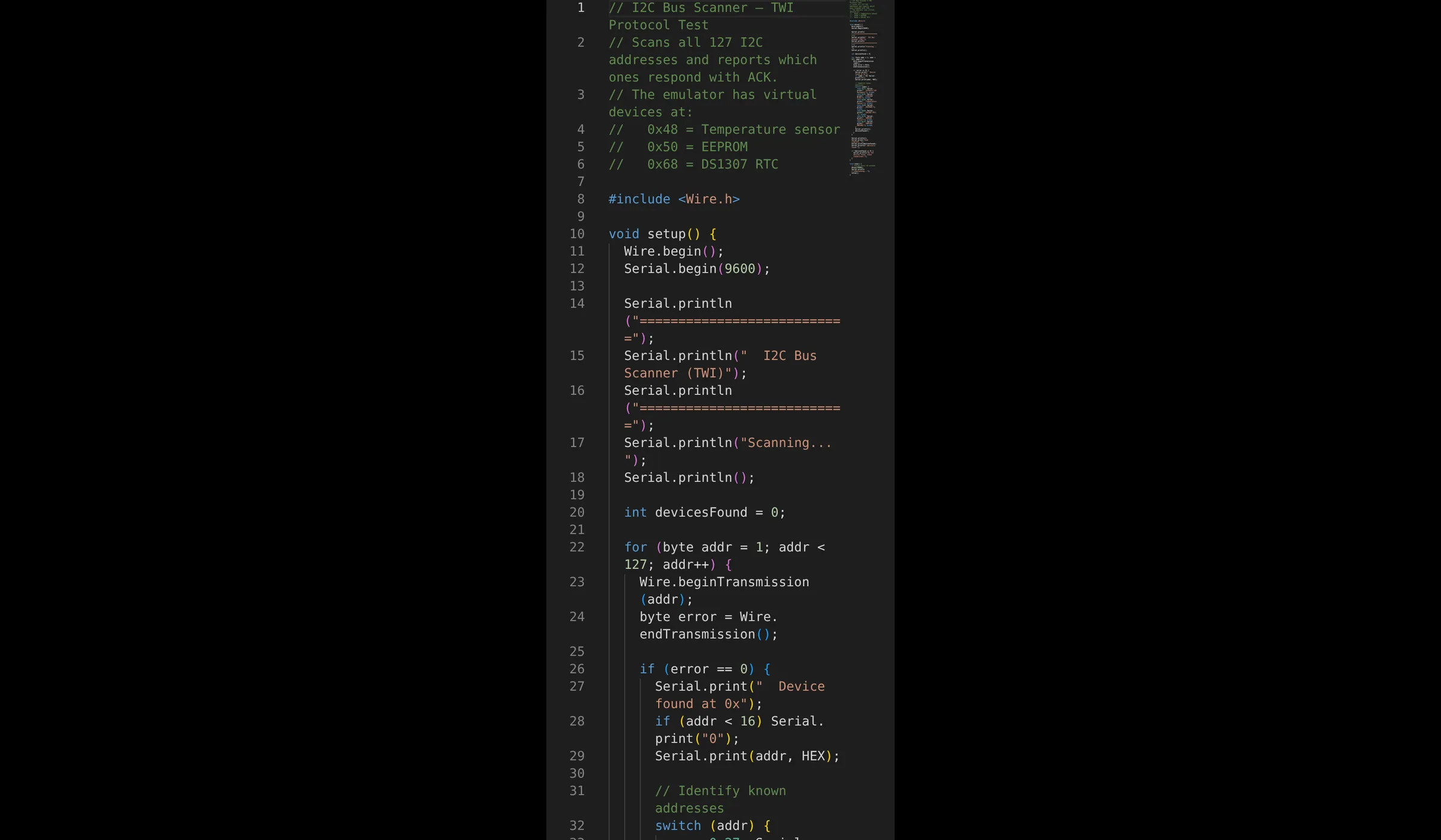 Source code for i2c-scanner in the Velxio Monaco editor