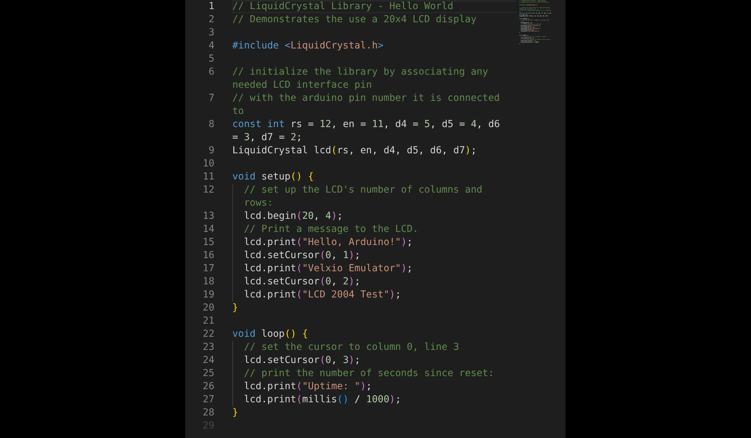 Source code for lcd-hello in the Velxio Monaco editor