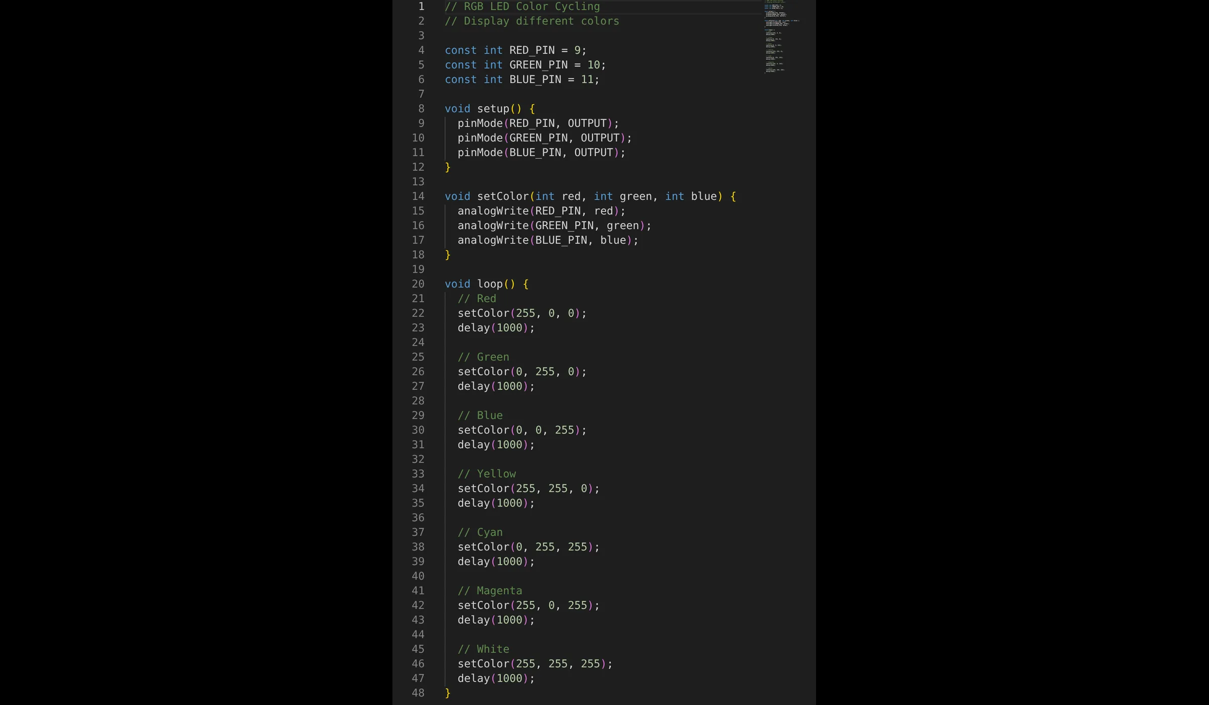 Source code for rgb-led in the Velxio Monaco editor
