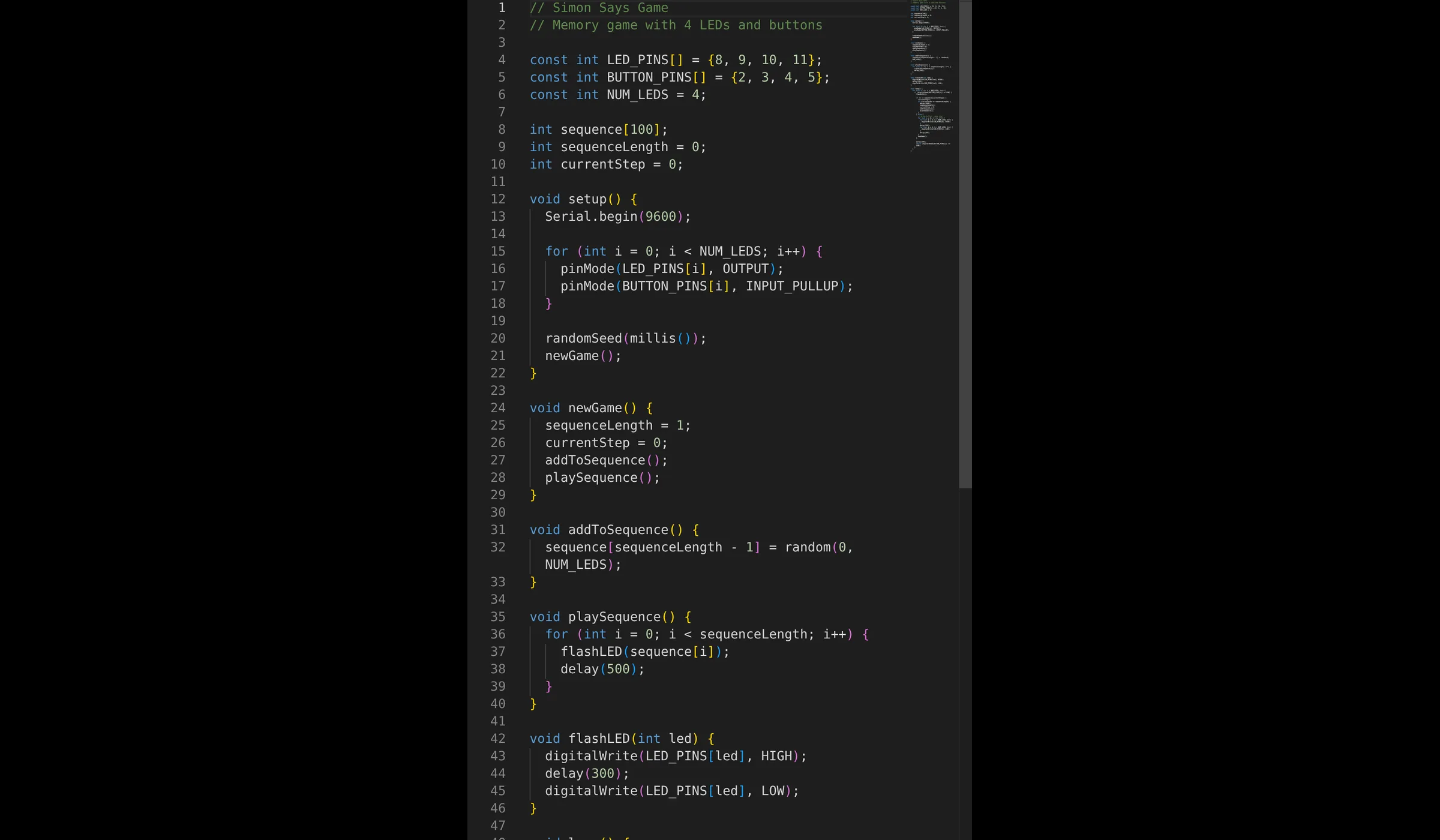 Source code for simon-says in the Velxio Monaco editor