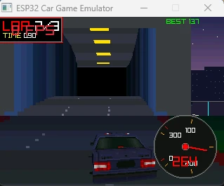 Inside the tunnel at night: ceiling lights, blue walls, the player car and the speedometer
