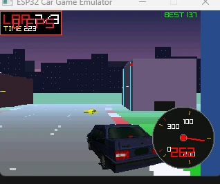 The player car drifting through a sunset curve past buildings, with the speedometer reading 262 km/h