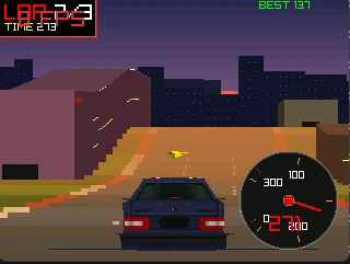 Daytime on a straight with buildings on both sides and a yellow traffic car ahead