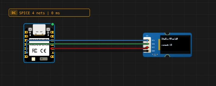 The Grove OLED 0.96" on the canvas showing Hello World and a counter, wired to a XIAO ESP32-C6