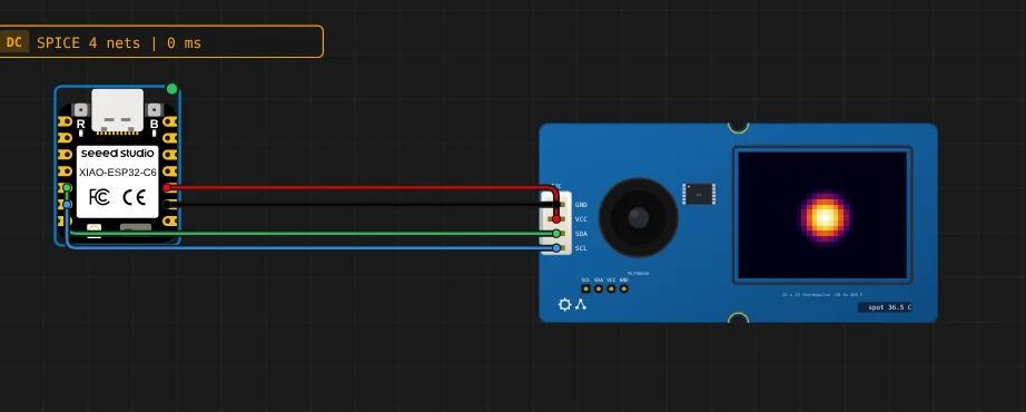 The MLX90640 thermal camera on the canvas, wired to a XIAO ESP32-C6, showing a warm spot in the middle of its 32 by 24 frame