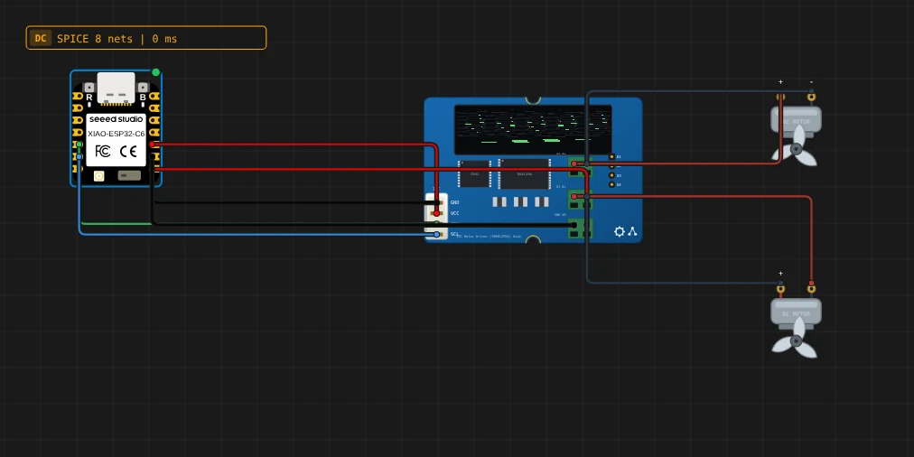 The Grove I2C Motor Driver on the canvas driving two DC motors, wired to a XIAO ESP32-C6