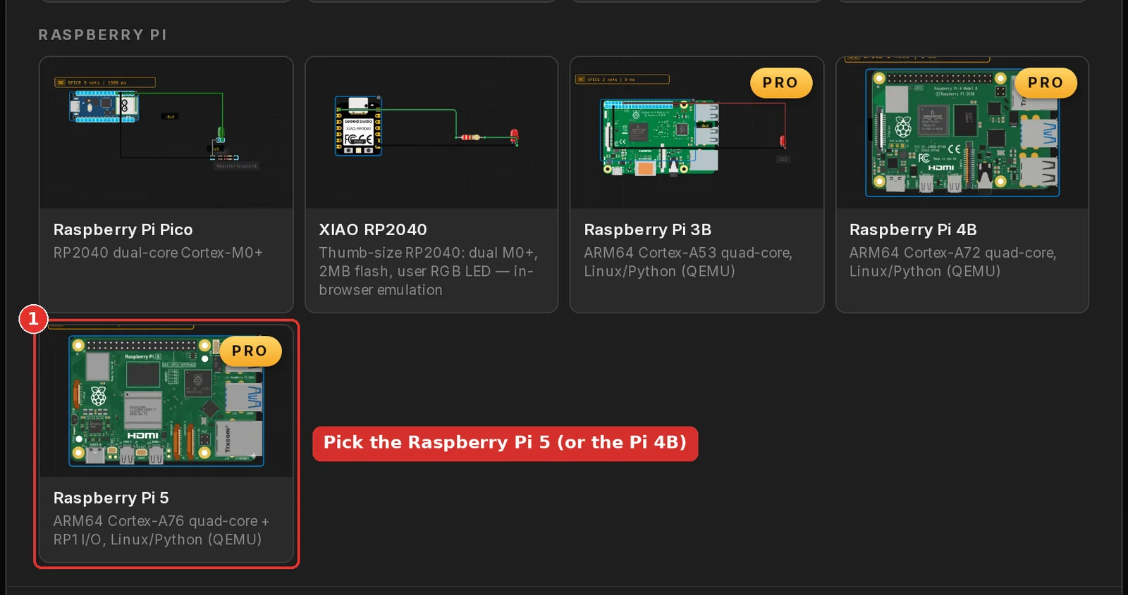 The Start a new project dialog with the Raspberry Pi section; the Raspberry Pi 5 card is highlighted