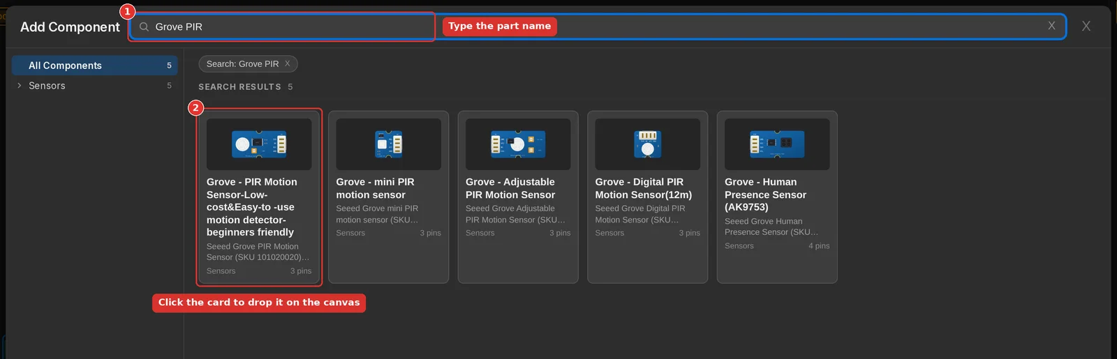 The Add Component dialog with Grove PIR typed in the search field and the PIR motion sensor card highlighted