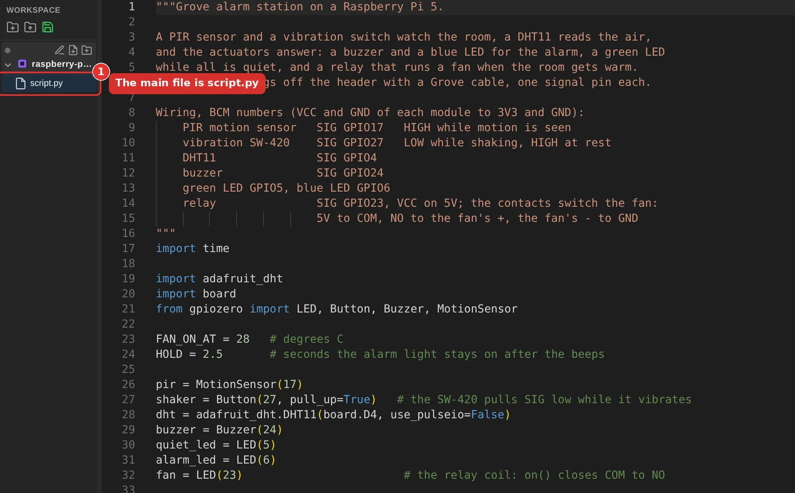 The code editor with script.py selected in the file explorer