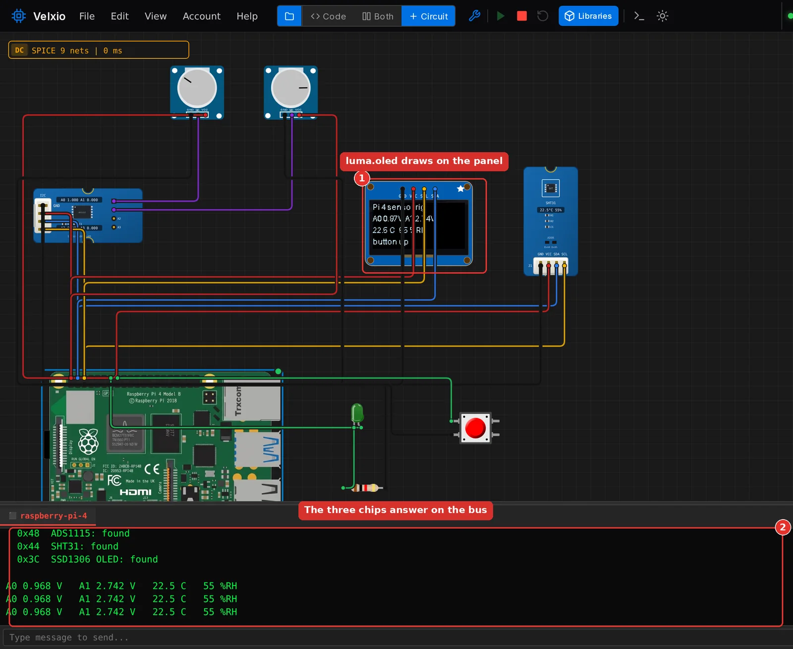 The sensor rig running in basic mode: the OLED shows the two voltages, the temperature and humidity and the button state, and the Serial Monitor shows the three devices found and the readings