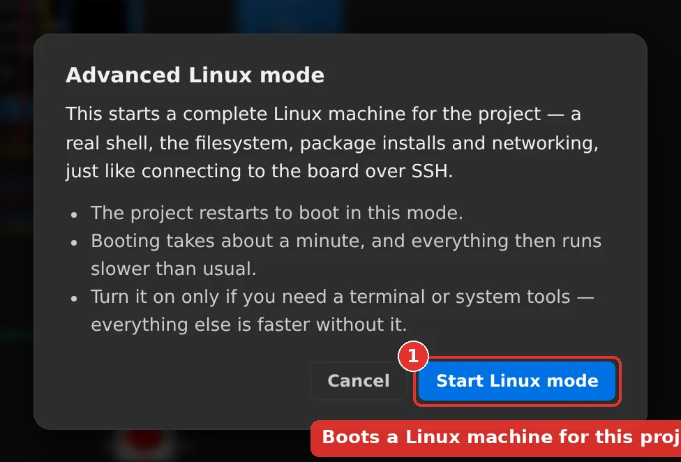 The Advanced Linux mode dialog with the Start Linux mode button highlighted