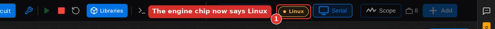 The toolbar with the engine chip reading Linux highlighted