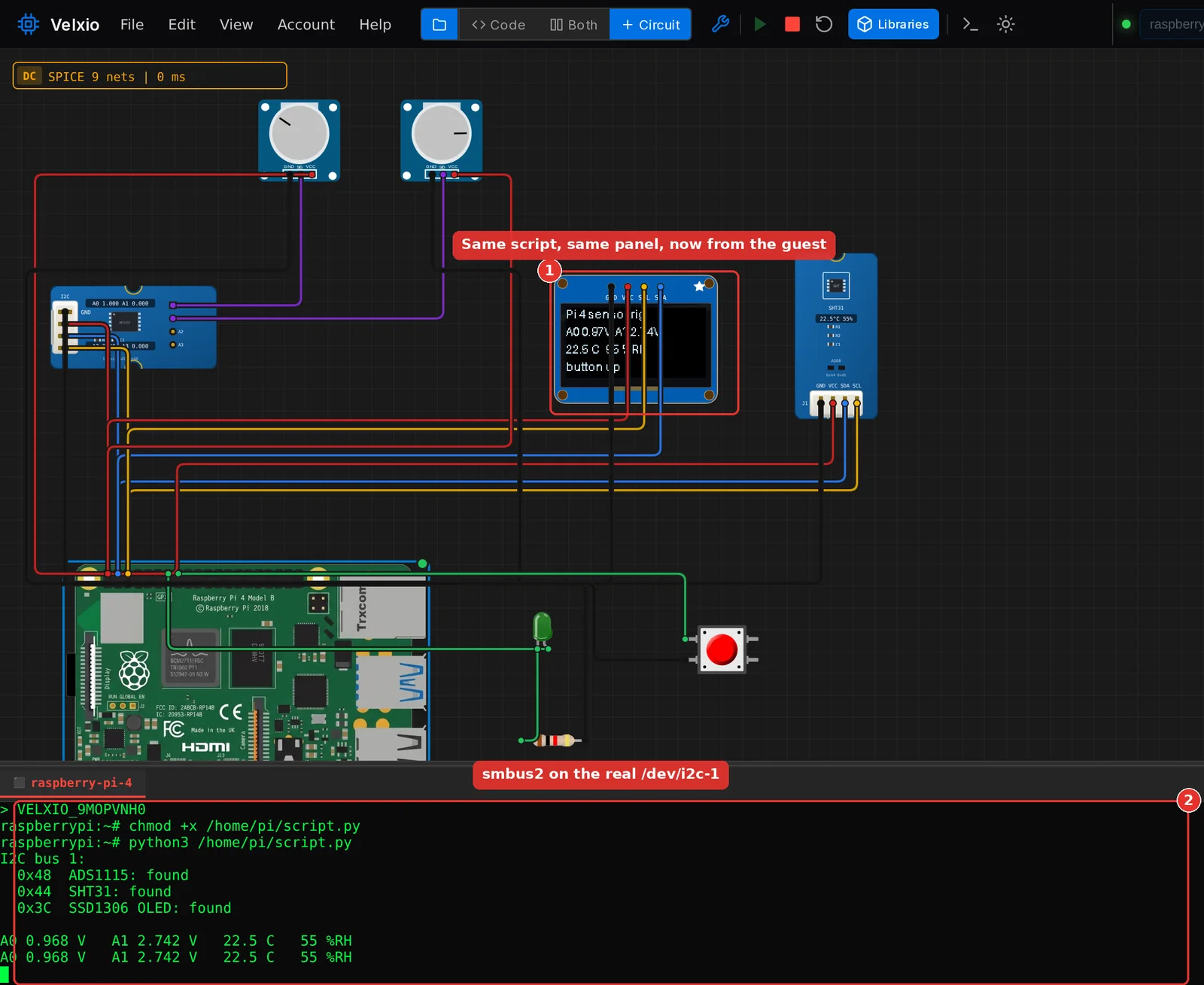The sensor rig in Linux mode: the terminal shows the three devices found and the readings, and the OLED shows the same values