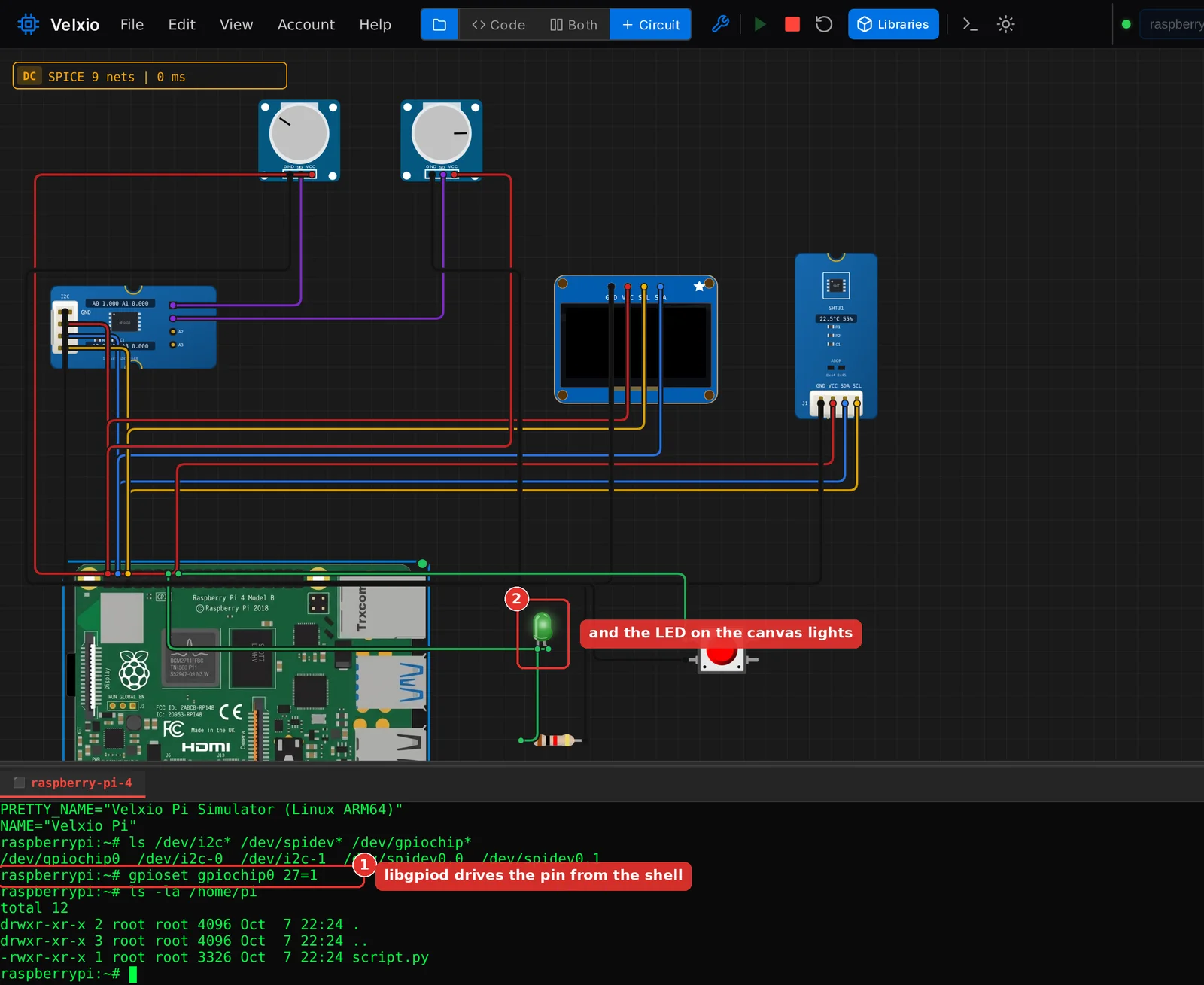 The Linux shell after the script was interrupted: the gpioset command is highlighted and the LED on the canvas is lit