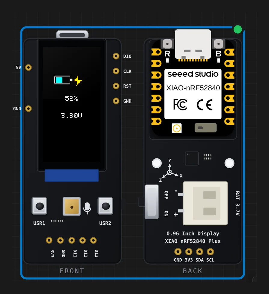 The XIAO 0.96 inch IPS Display on the Velxio canvas, front and back, running Seeed's battery demo after the slider dropped to 3.80 V: a charging battery icon, 52 percent, 3.80 V