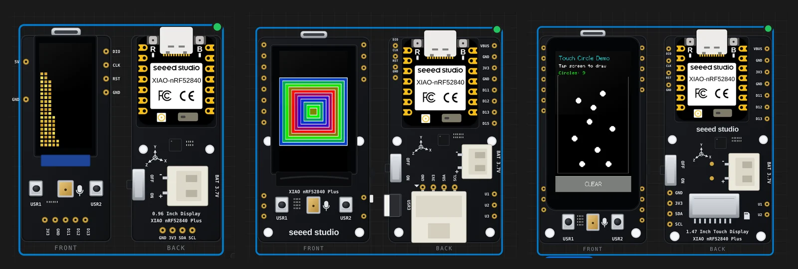 The three boards on the Velxio canvas, front and back, each running Seeed's firmware: the 0.96 inch with Electronic Quicksand, the sand piled against one side after the board was tilted, the 1.14 inch in the GraphicTest rectangles pass, and the 1.47 inch running Touch Circle with nine circles where the mouse tapped