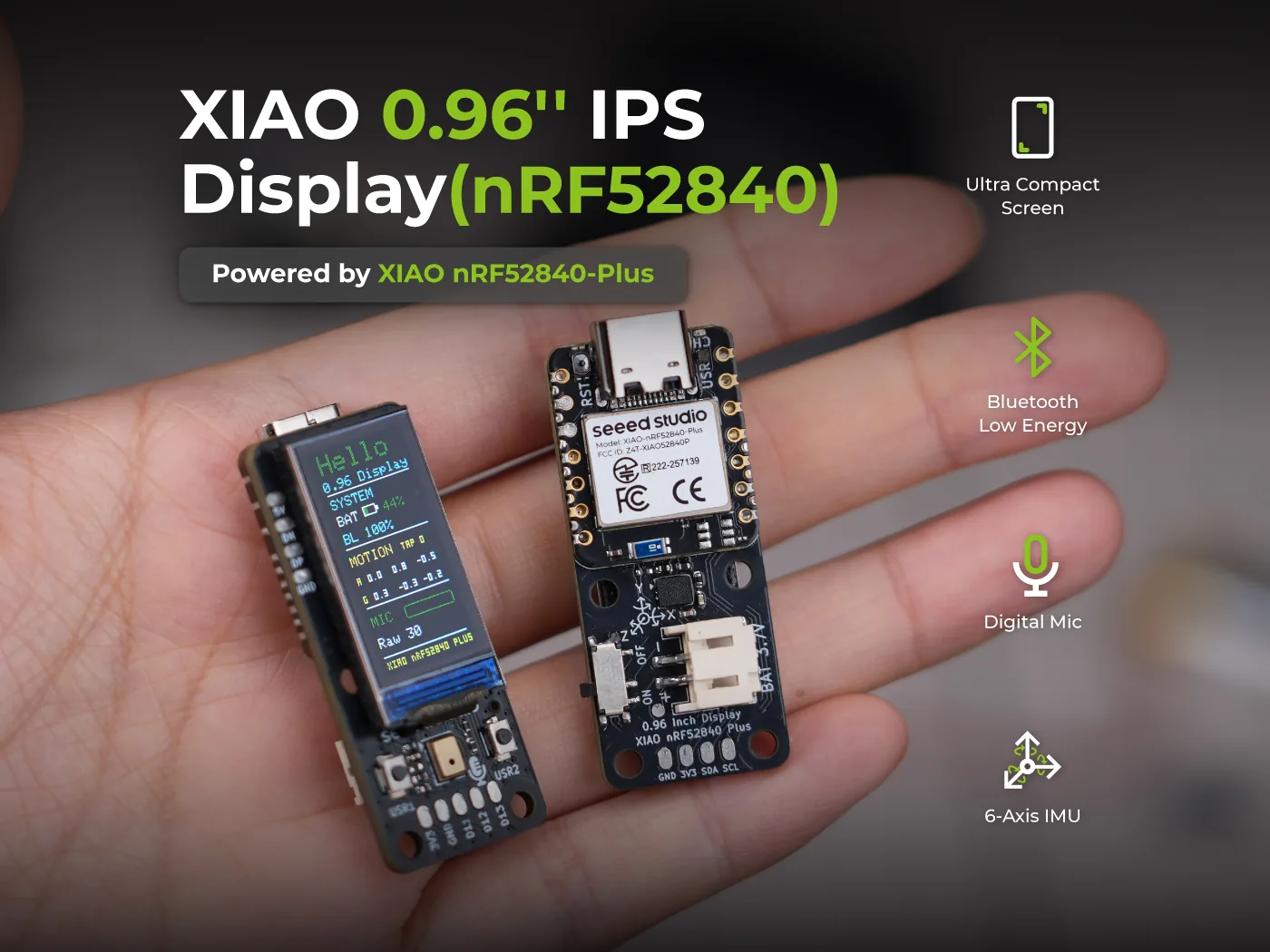 The XIAO 0.96 inch IPS Display, front and back, showing its factory dashboard with battery, motion and microphone readouts