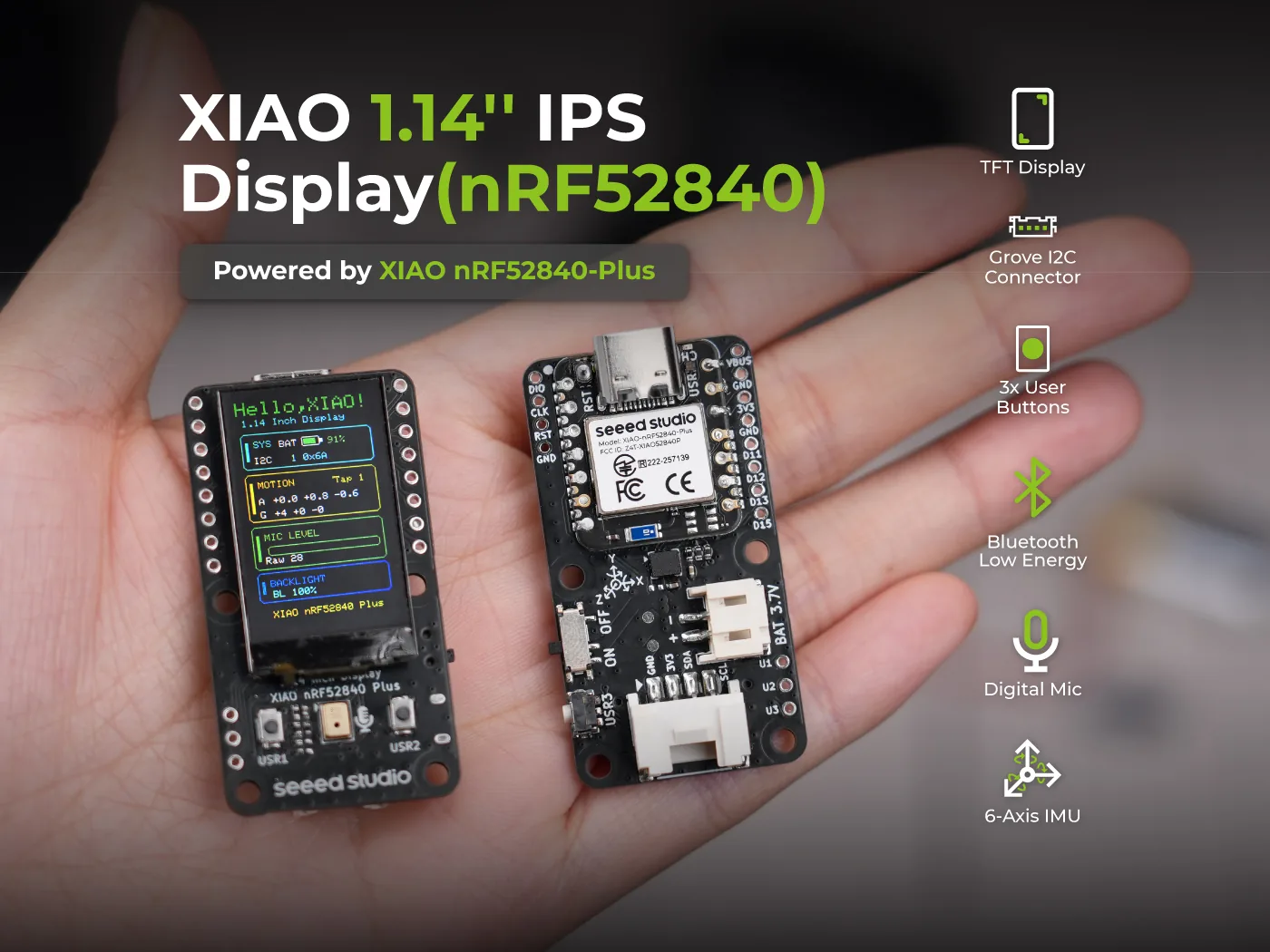 The XIAO 1.14 inch IPS Display, front and back, with three user buttons, a Grove I2C connector and the battery connector