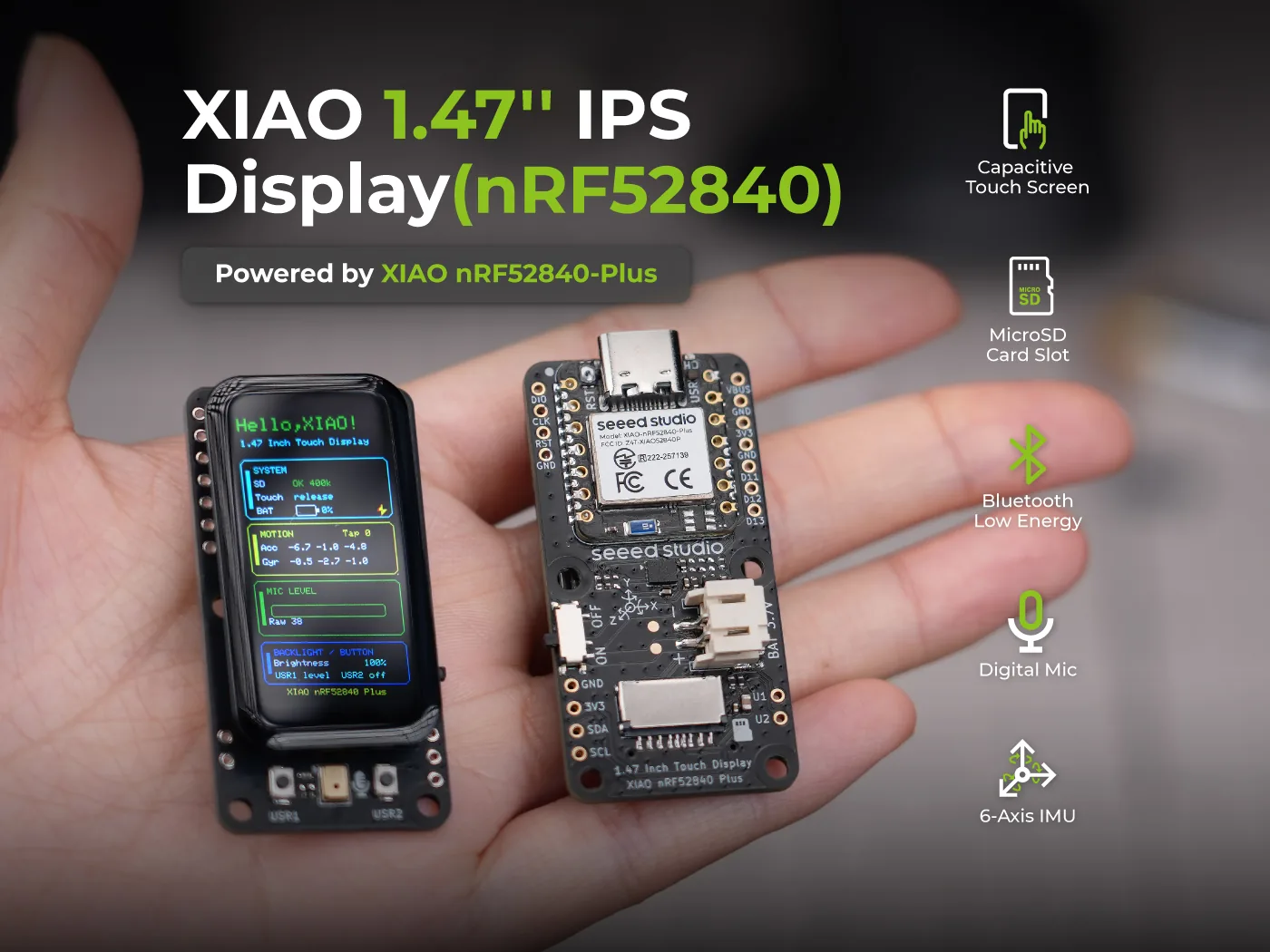 The XIAO 1.47 inch IPS Touch Display: the assembled board showing its factory dashboard on the left and the back of the carrier with the XIAO nRF52840 Plus, battery connector and microSD slot on the right, held in a hand