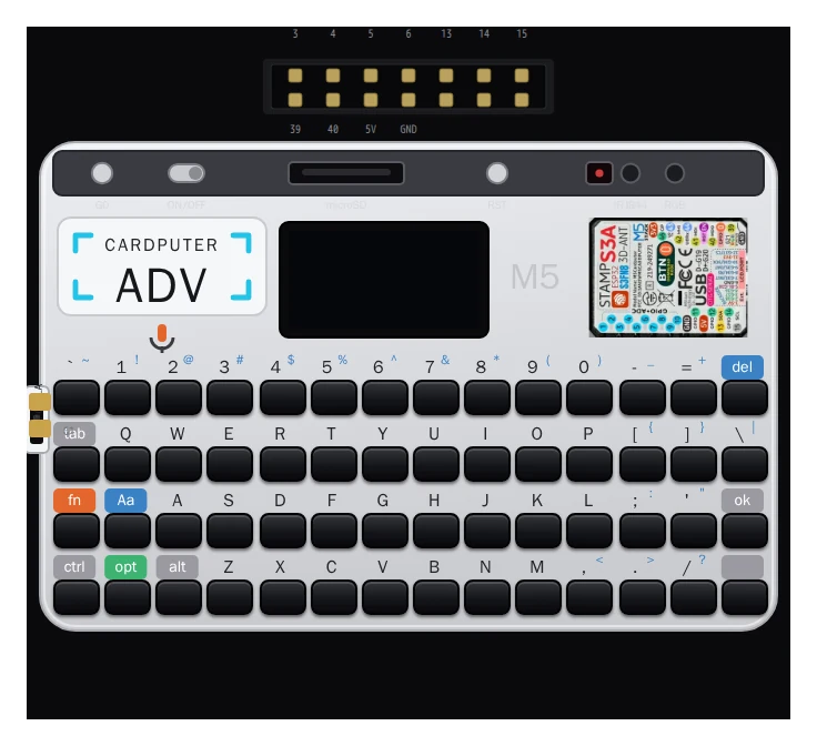 The M5 Cardputer ADV as drawn in Velxio, with its ST7789 screen, 56-key keyboard, top-edge buttons and the STAMP S3A module