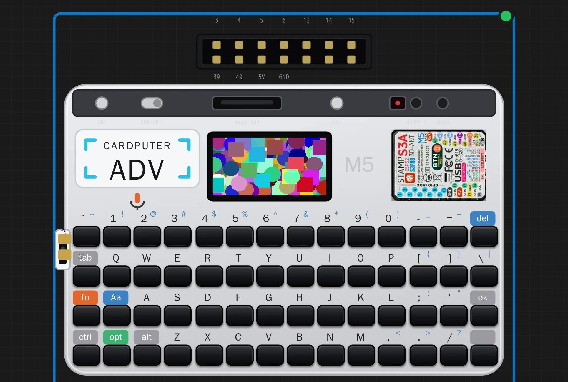 The M5 Cardputer ADV in Velxio running M5Stack's own display example, coloured rectangles and text scattered over the 240x135 screen