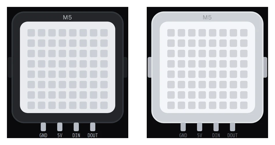 The M5Stack Chain RGB Matrix and Chain Mono Matrix in Velxio, two 8x8 LED panels with HY2.0 chain ports on the sides