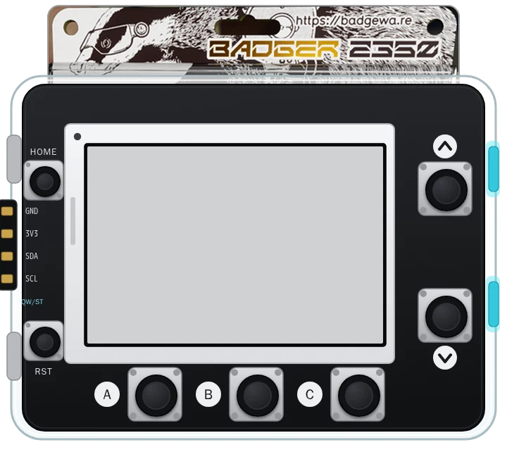 The Pimoroni Badger 2350 as it appears on the Velxio canvas