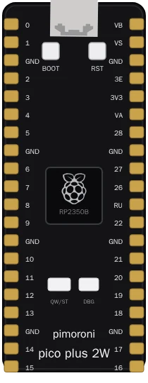 The Pimoroni Pico Plus 2 W on the Velxio canvas, with its castellated pins and the RP2350B
