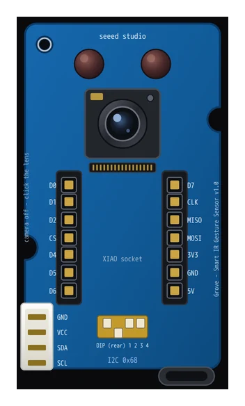 The Grove Smart IR Gesture Sensor in Velxio, a XIAO-socket carrier with the PixArt IR camera, DIP switches and Grove connector