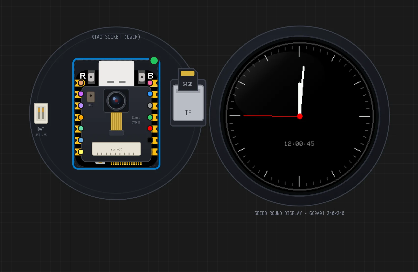 The Round Display for XIAO showing an analogue clock in Velxio, with a XIAO ESP32S3 Sense seated on the back of the shield