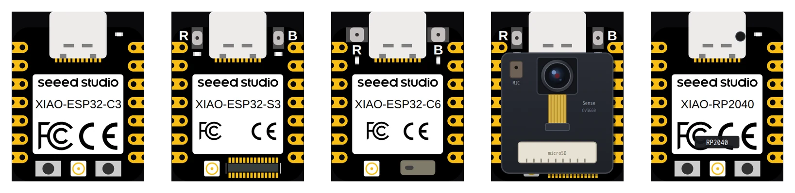 The five XIAO boards in Velxio, left to right: XIAO ESP32-C3, XIAO ESP32-S3, XIAO ESP32-C6, XIAO ESP32S3 Sense with its camera module, XIAO RP2040