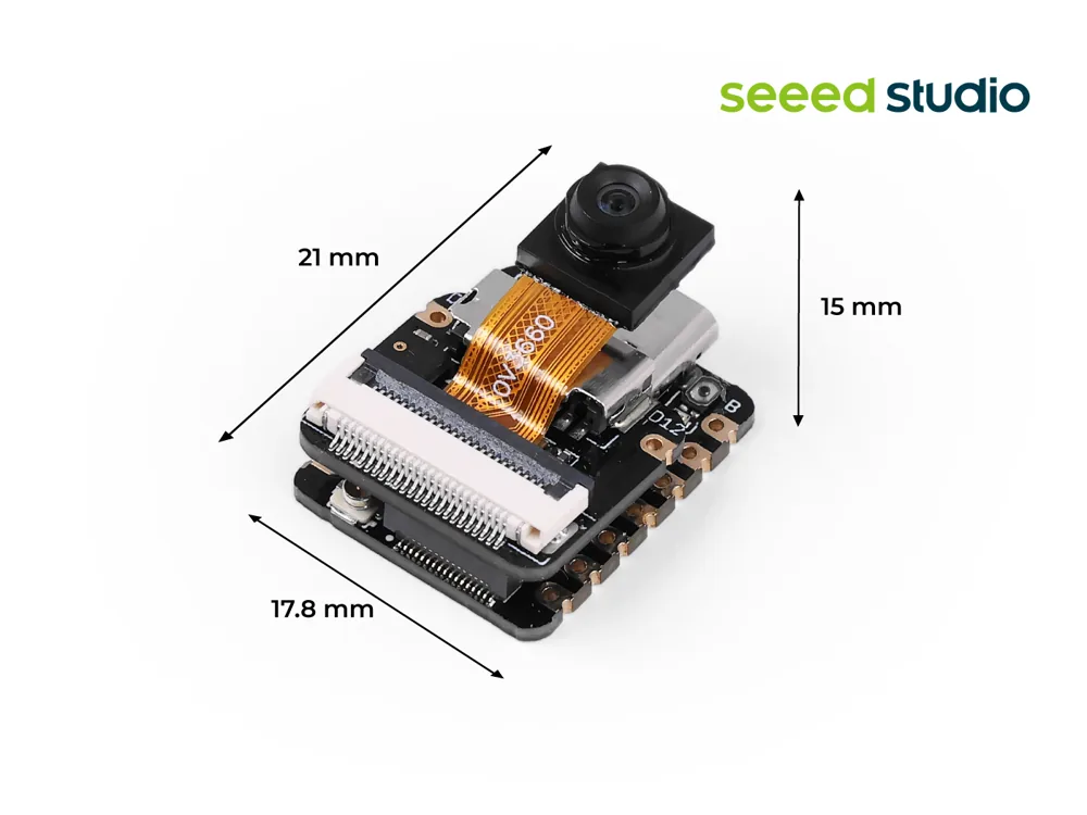 The Seeed Studio XIAO ESP32S3 Sense: 21 × 17.8 × 15 mm with its camera board attached (photo: Seeed Studio)