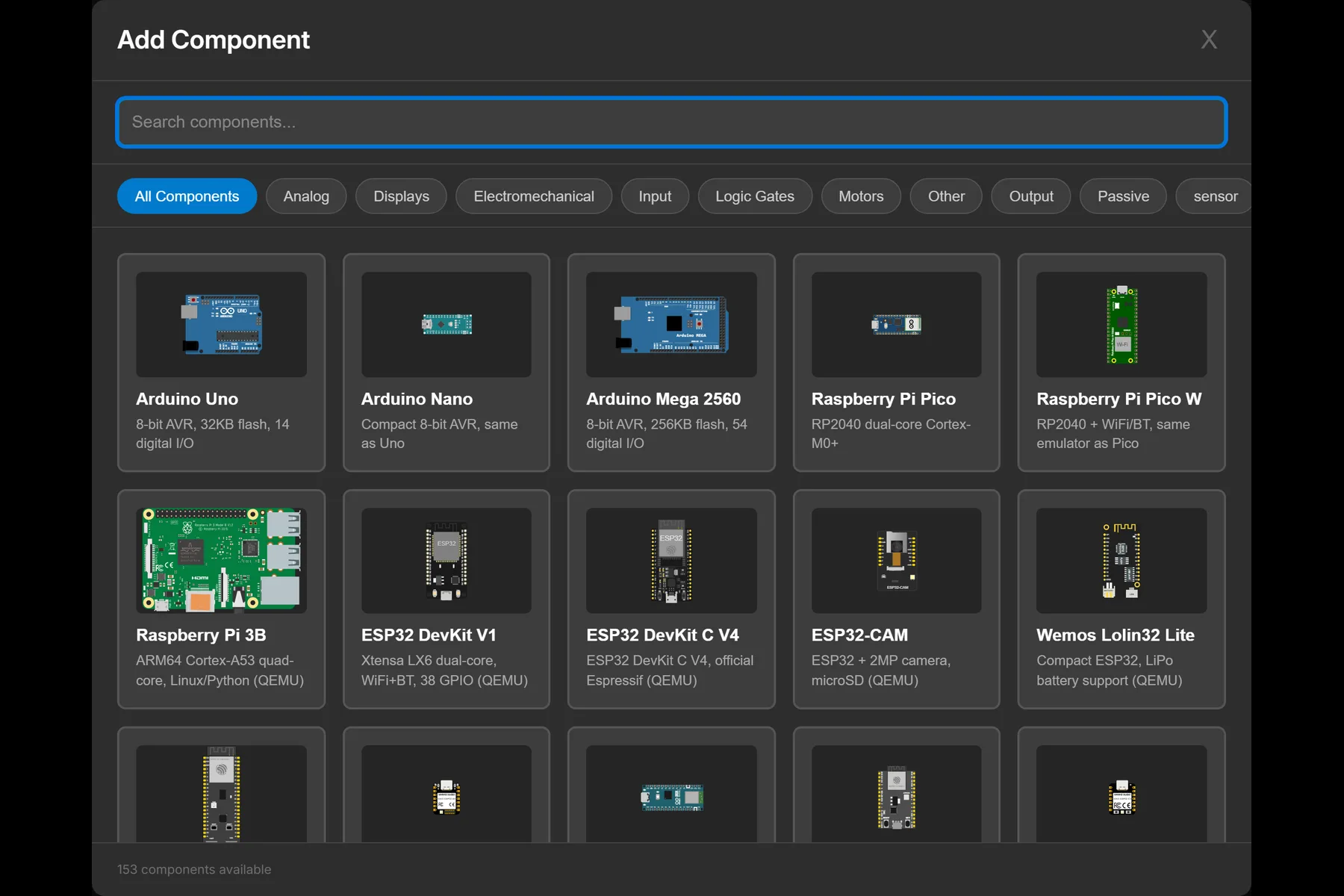 Velxio component picker modal browsing parts by category