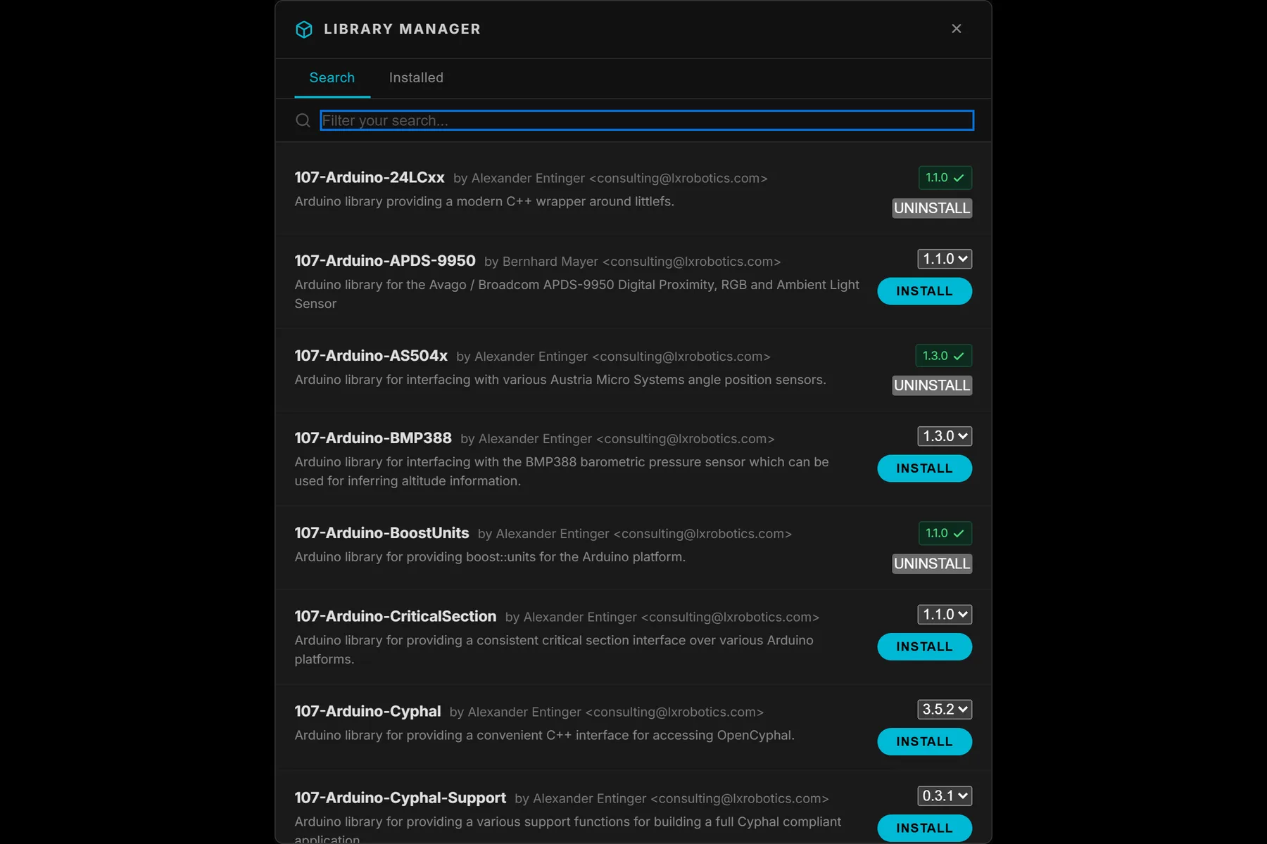 Velxio Library Manager modal listing installed Arduino libraries