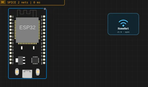 A WiFi Access Point part on the canvas next to an ESP32 board, broadcasting HomeNet on channel 6