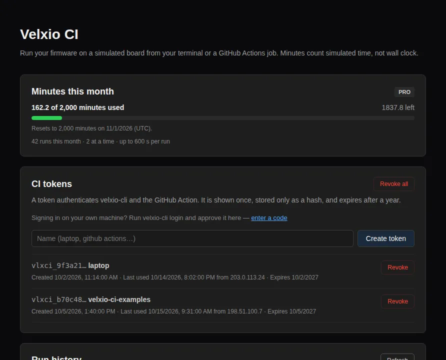 The CI account page: minutes used this month, the tokens that exist with when each was last used, and a table of recent runs with their status, simulated and billed seconds and exit code
