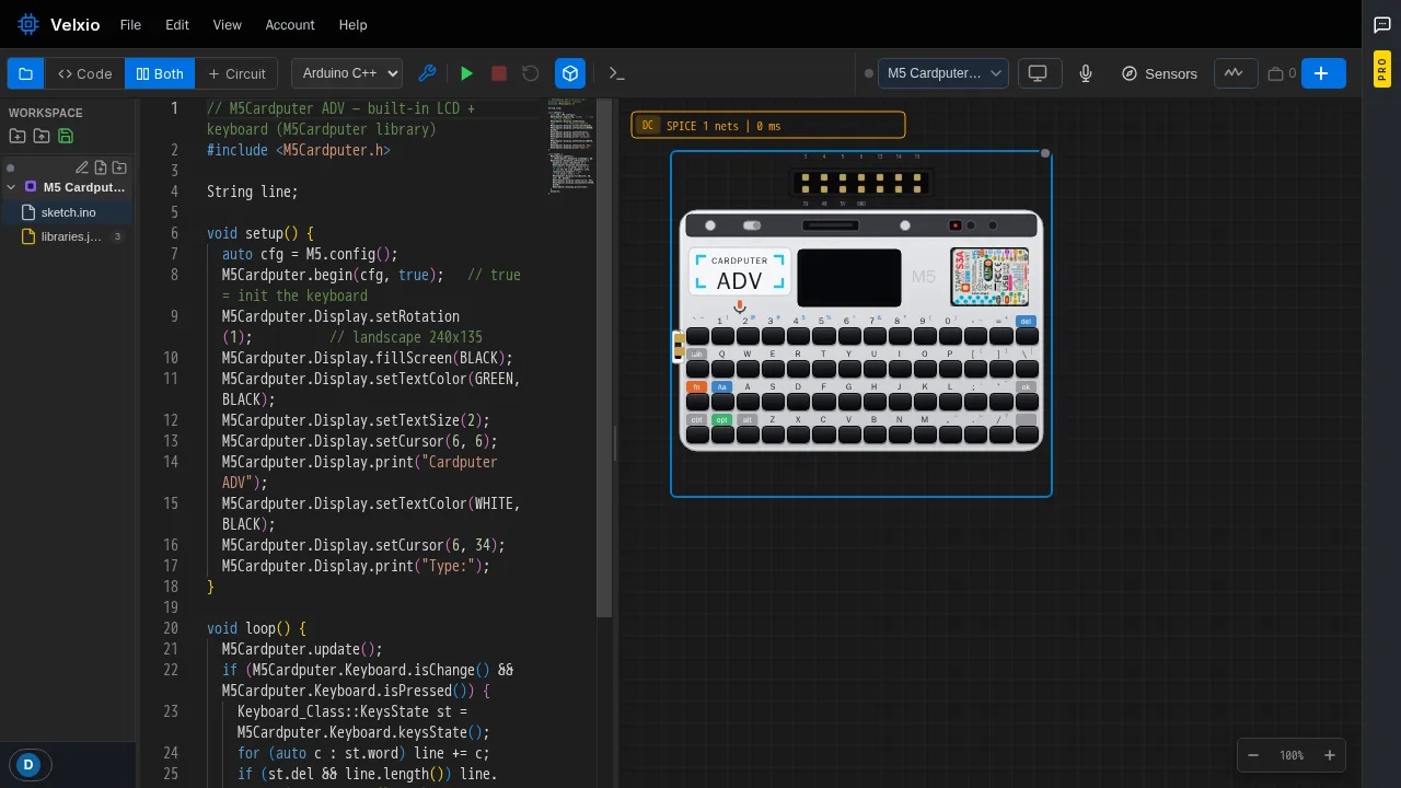 The LCD + keyboard echo example loaded in the editor