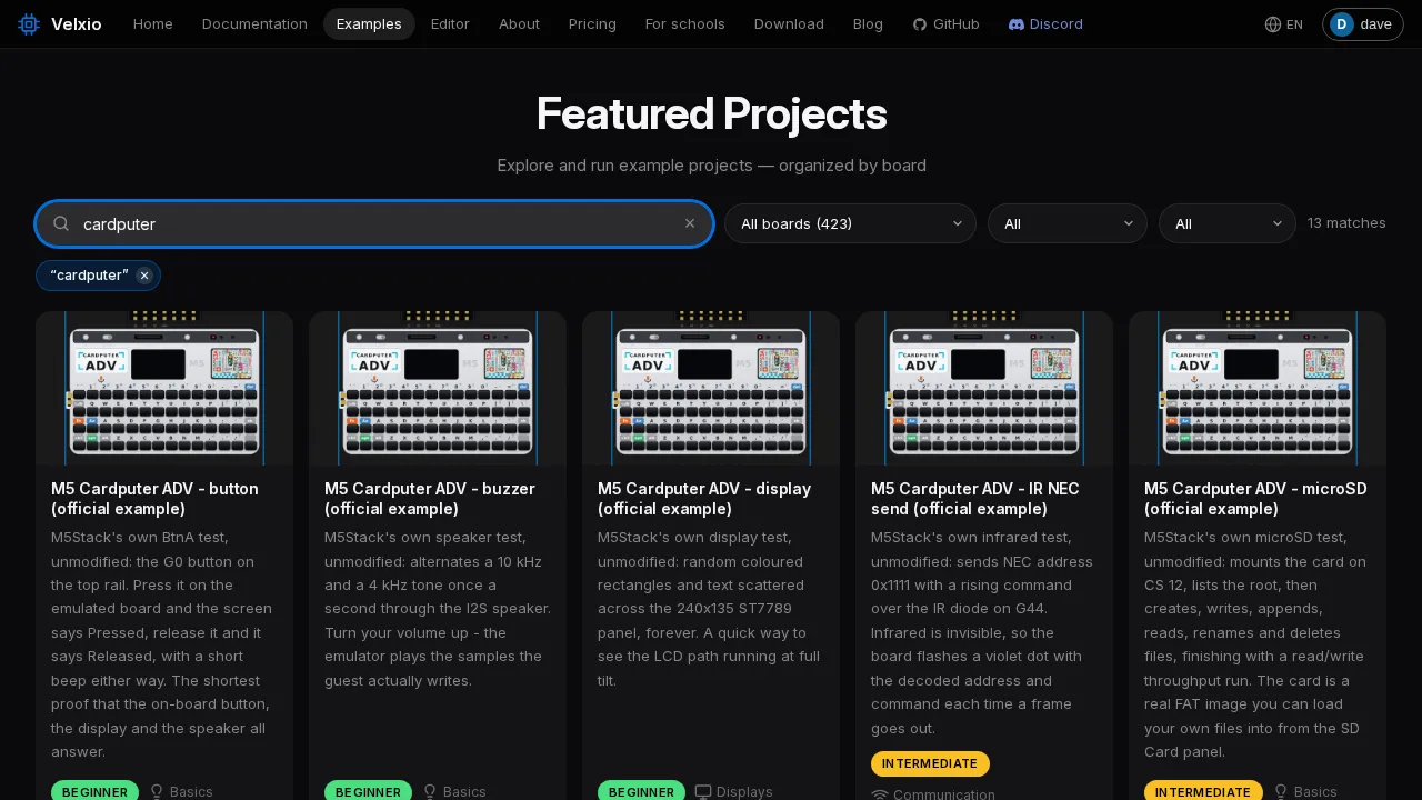 The examples gallery filtered to the Cardputer ADV projects