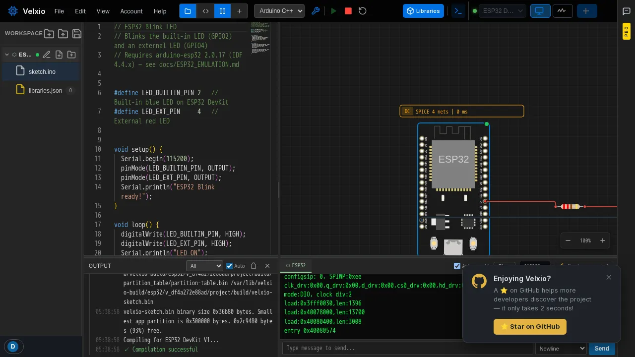 A successful build: output console, booted firmware, live circuit