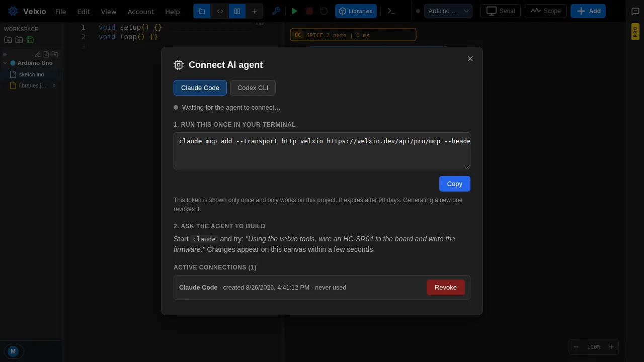 The Connect AI agent modal, showing the Claude Code / Codex tabs, the setup command and the active connection
