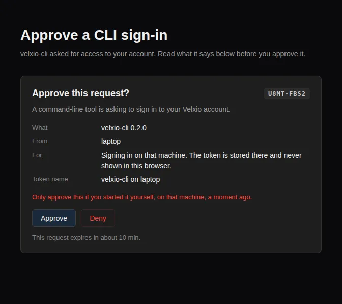 The browser page that approves a CLI sign-in: it names the tool, the machine it runs on and what it is asking for, with Approve and Deny buttons