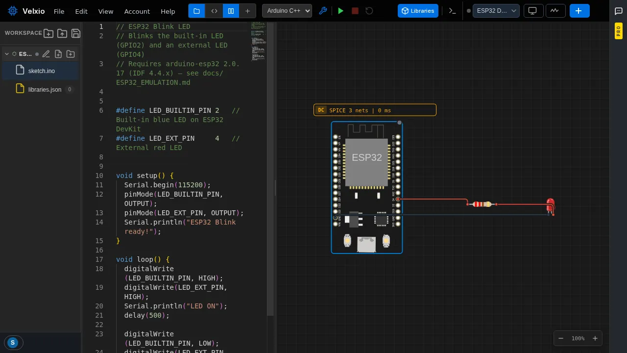 The blink example loaded in the editor