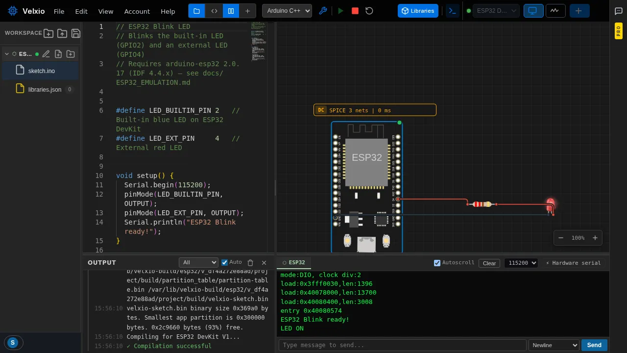 The blink example running: LED on, serial output flowing