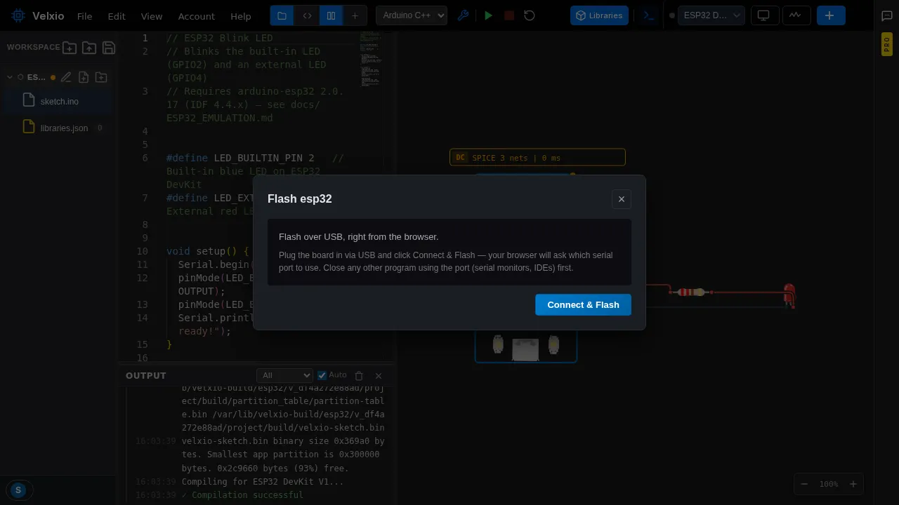 The flash dialog picking a USB serial port