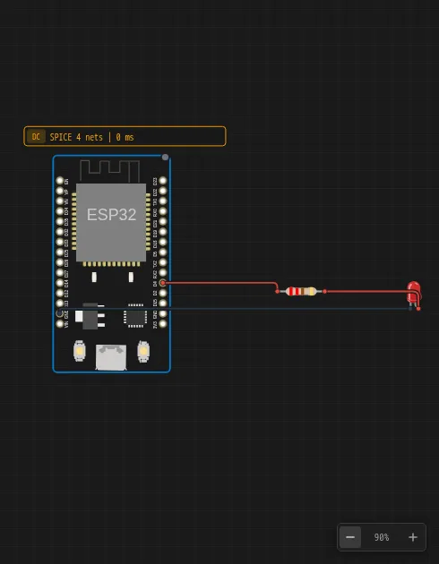 The canvas with an ESP32 blink circuit, the SPICE badge and the zoom controls