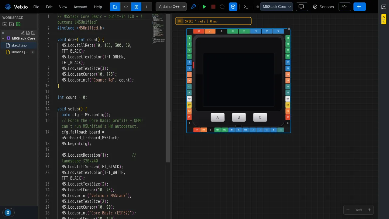 The Hello LCD + Buttons example loaded in the editor