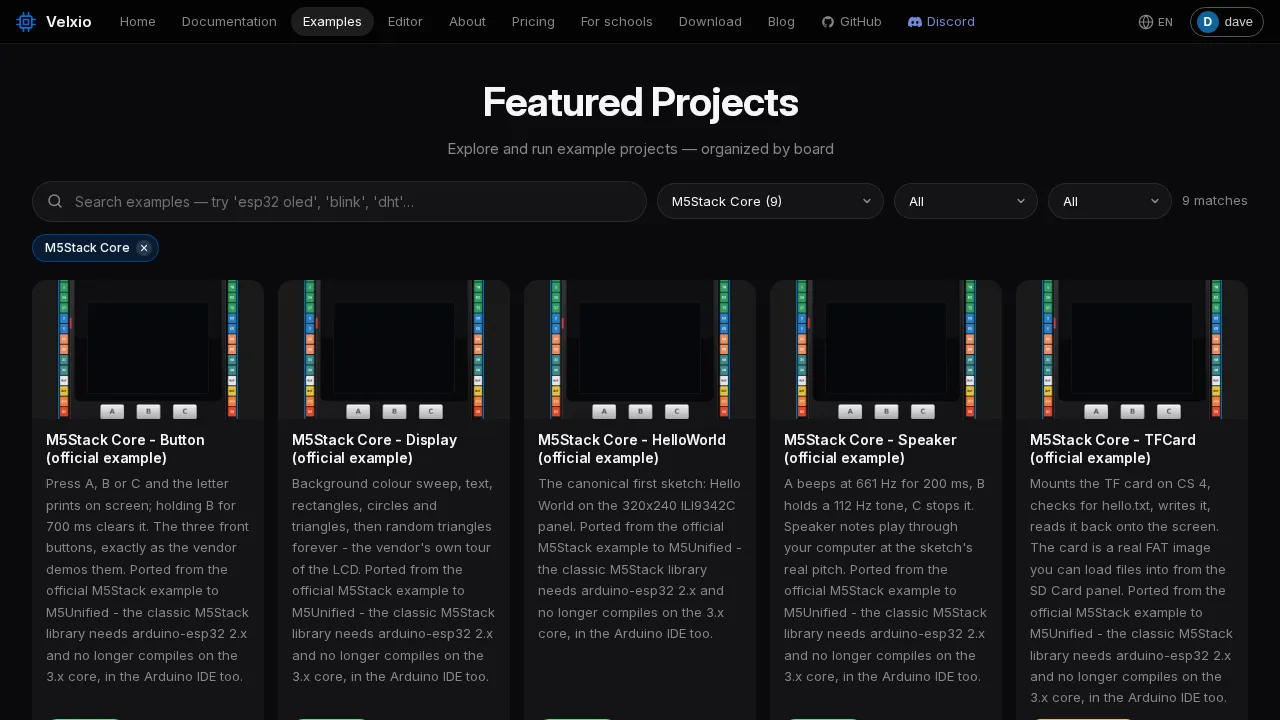 The examples gallery filtered to the nine M5Stack Core projects