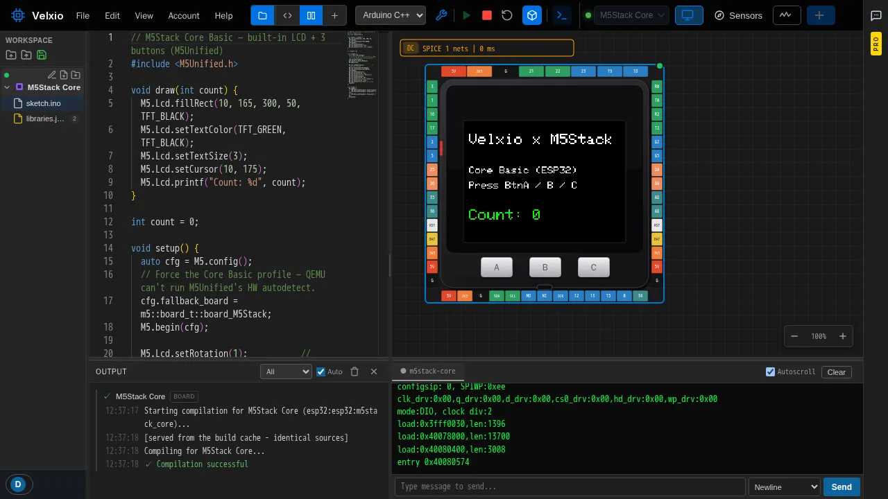 The example running, with the title screen on the 320x240 LCD