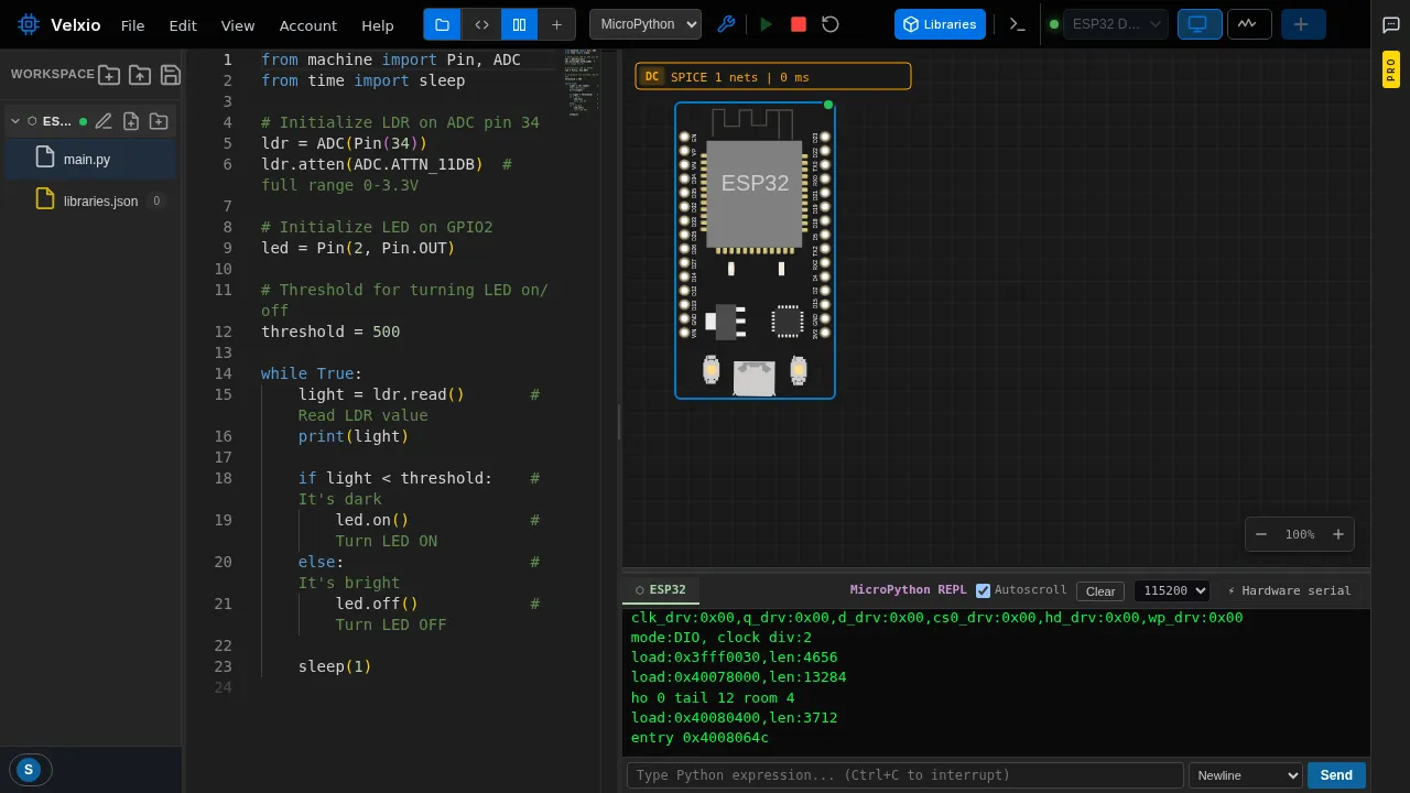 The night-light running — drag the LDR and watch the LED